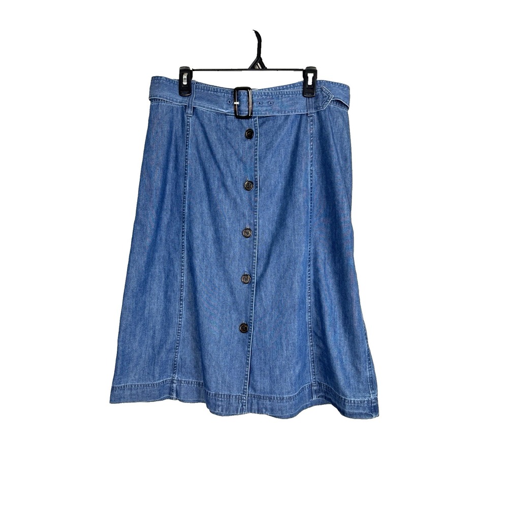 Womens 12 Chambray Denim Midi Skirt Belted Western Cottage Country Boho Preppy